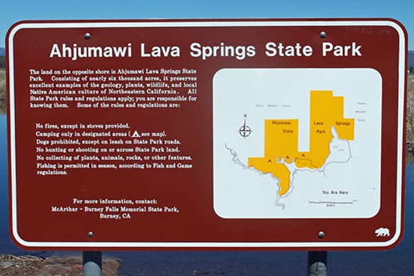 Ahjumawi Lava Springs State Park sign.