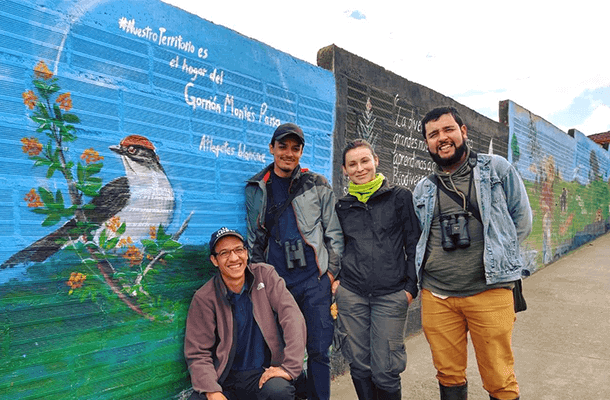 Rodolfo Correa Peña (far right), Sergio Chaparro-Herrera (middle left), Andrea Lopera-Salazar (middle right), and Juan L. Parra (far left) rediscovered the Antioquia Brushfinch. They are standing next to a mural of this species in San Pedro de los Milagros. Photo by Andrea Lopera-Salazar